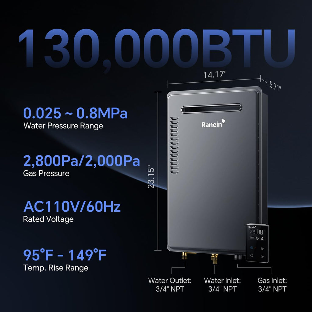 Propane Gas Tankless Water Heater, Outdoor Max 5.3 GPM, 130, 000 BTU Instant Hot Water Heater