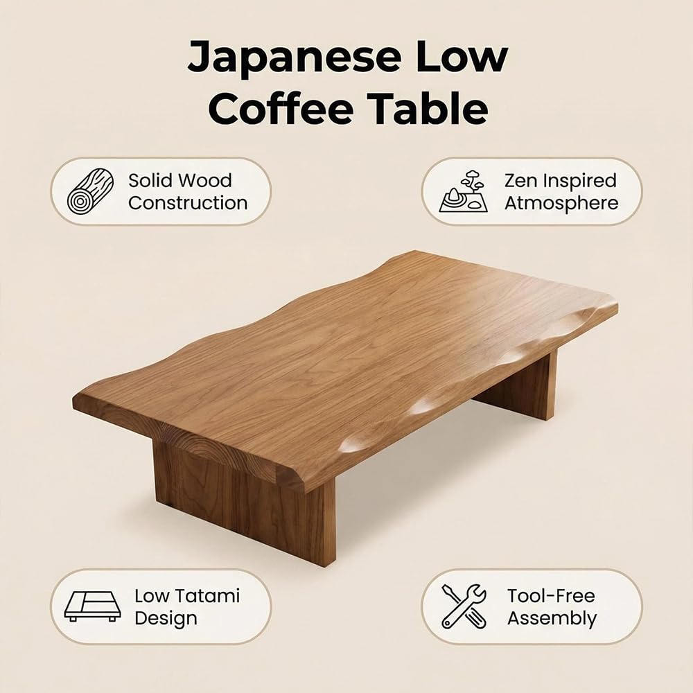 Japanese Dining Table, Solid Wood Japanese Floor Table with Live Edge, Simple and Modern Low Design, Bay Window