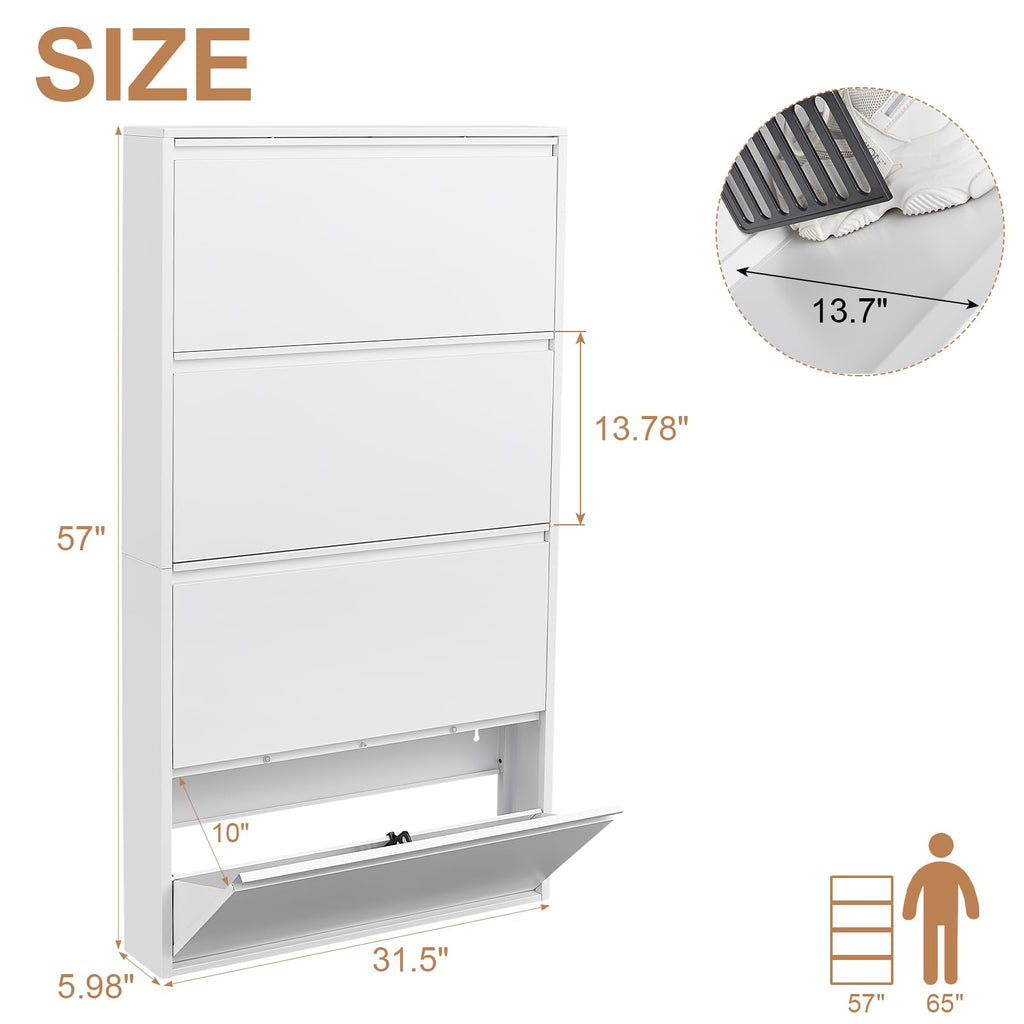 Shoe Cabinet with 4 Flip Drawers, Metal Wall Shoe Storage Cabinet, Slim Shoe Cabinet, White