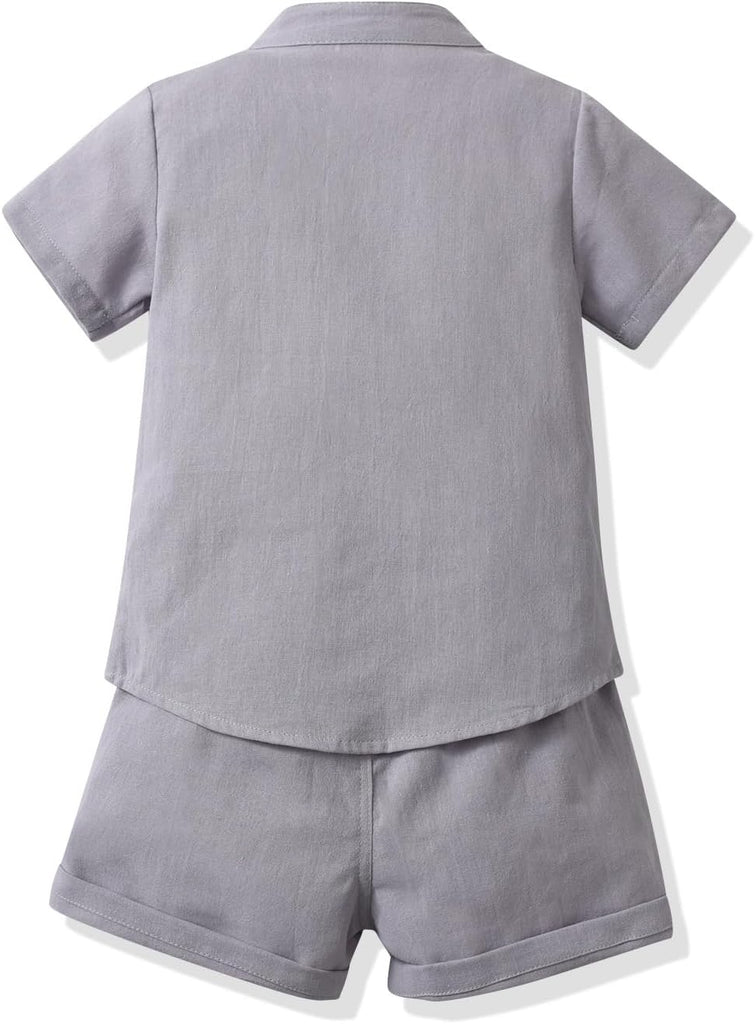 Baby Boys Cotton Linen Shorts Set Band Collar Short Sleeve Button Down T-Shirt Tops and Shorts Summer Outfit Clothes