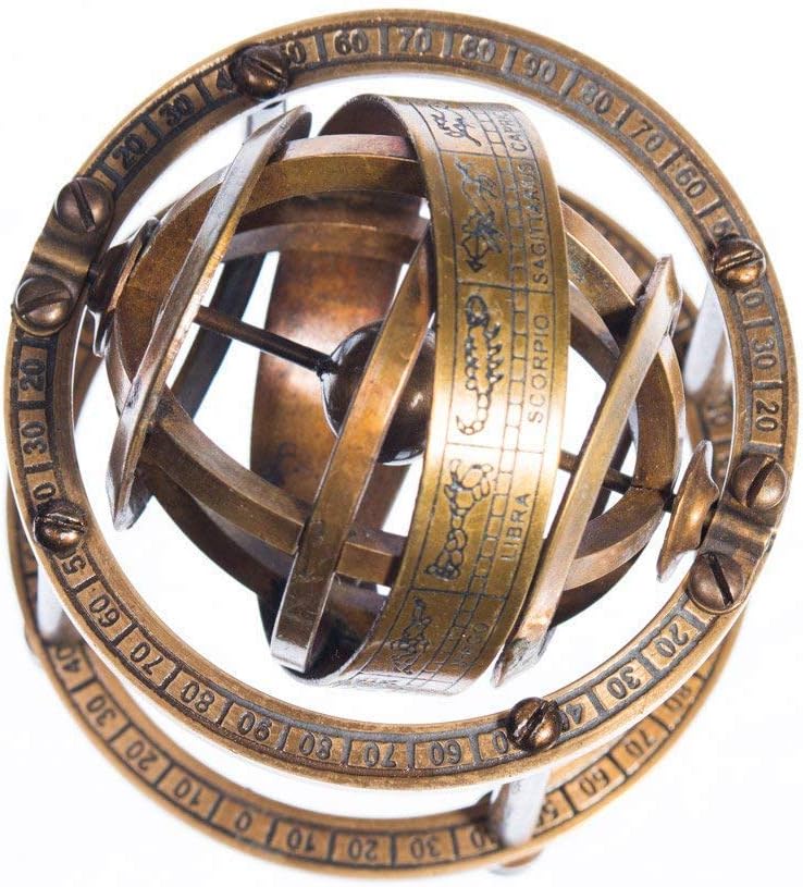 Brass Armillary Sphere with Stand 9 cm - Mini Antique Globe, Steampunk Pirate Decor, Vintage Astronomical Sphere Model