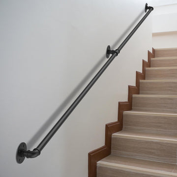 8FT Stair Handrail 440LB Wall-Mount Metal Rail Indoor Outdoor Black