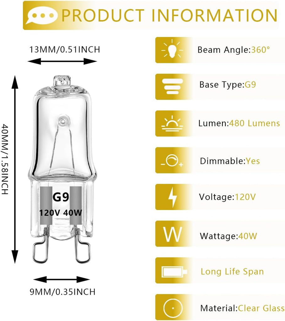 G9 Halogen Bulb 40W 120V T4 JCD Type G9 Base 2 Pin Light Bulb for Range Hood Lights, Bathroom Light Bulbs, Microwave