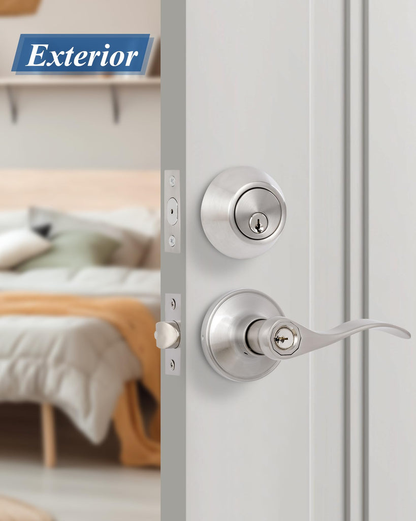 5 Pack) Keyed Alike Front Door Lever Lockset with Single Cylinder Deadbolt Combination Set, Wave Style Lever, Front