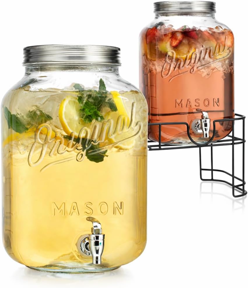 GALLON - 2 PACK for Parties, Mason Jar Beverage Dispensers with Metal Stand, Glass Water Dispenser with Spigot - Set of 2
