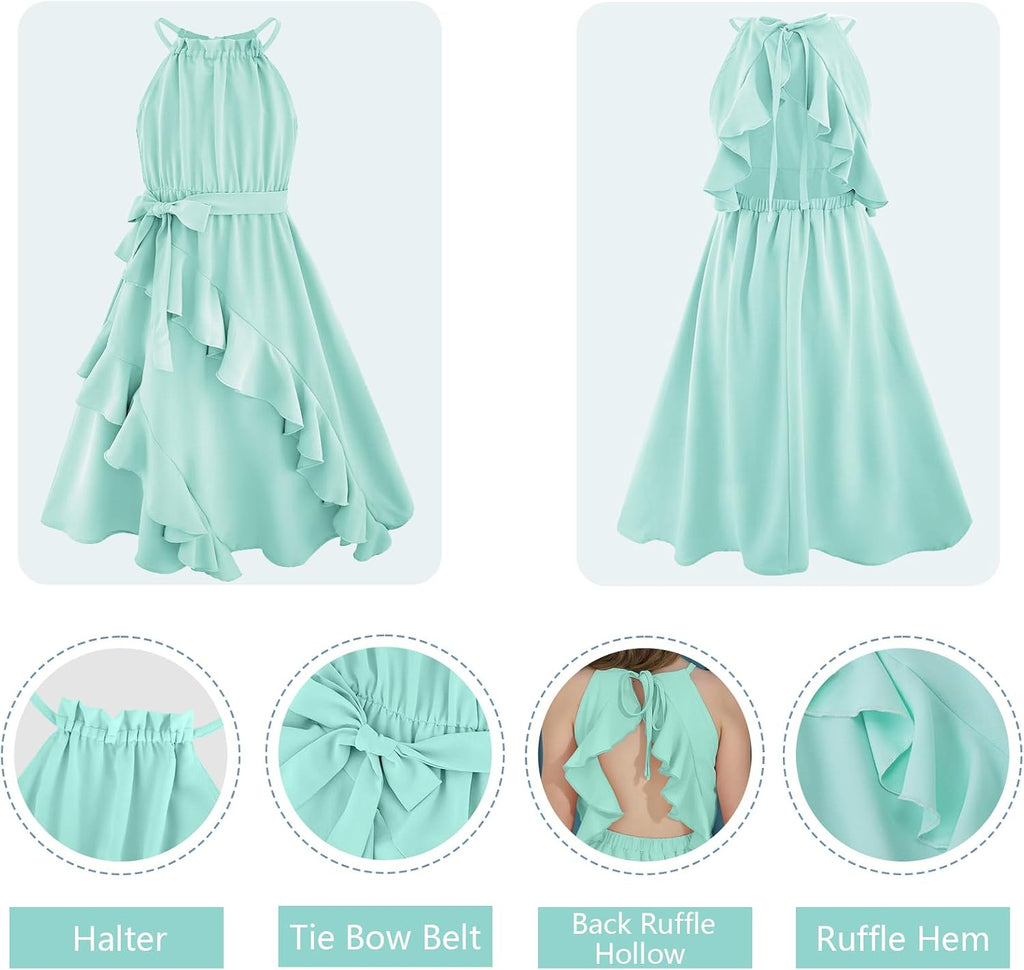 Dresses Tween Halter Tie Back Tiered Ruffle A-Line Flowy Dress Summer Sleeveless Sundress