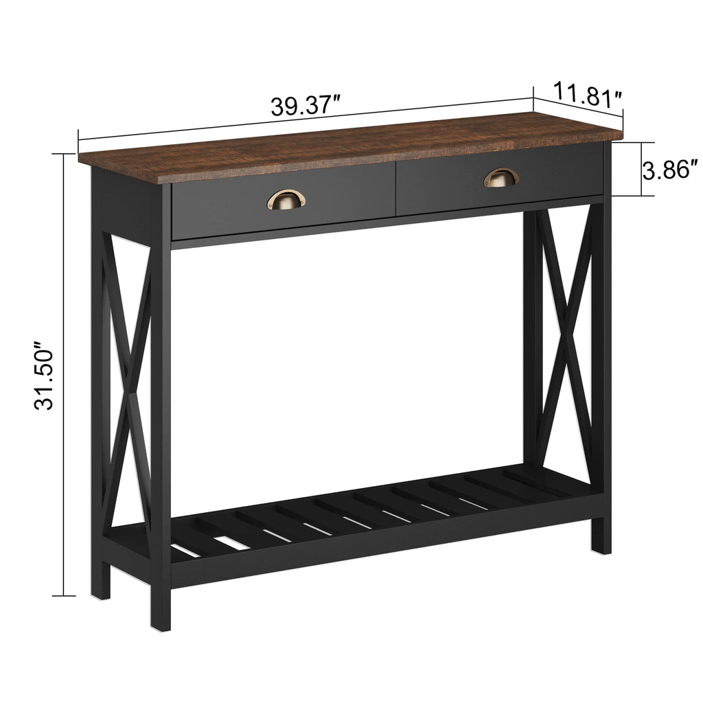 Farmhouse Console Table with Drawer, Narrow Long Entry Table with Shelf, Rustic Vintage Hallway Sofa Table with