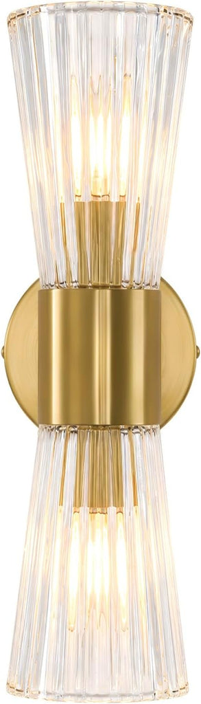 Gold Glass Wall Sconce Light,Mid Century Modern Bathroom Wall Sconces | Ribbed Clear Glass Gold Wall Light,2-Light