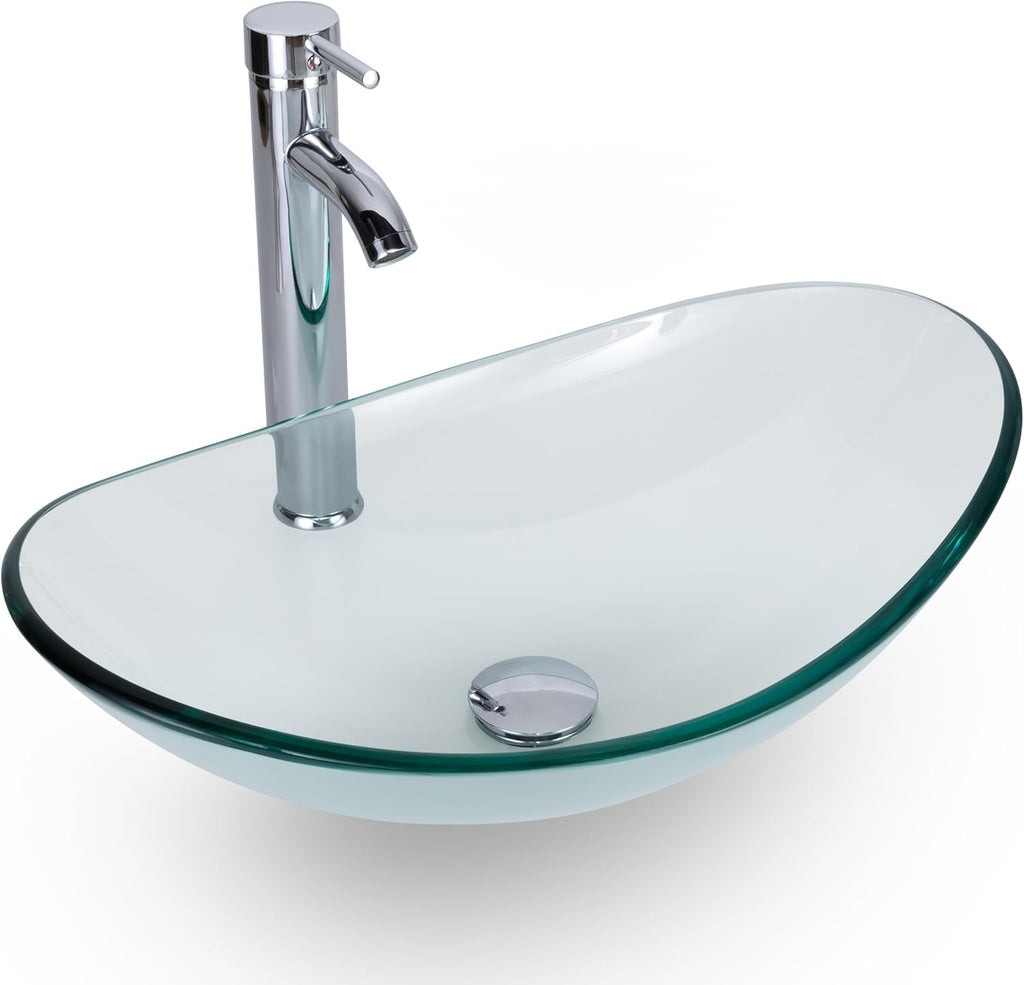 21.5" Bathroom Vessel Sink Modern Artistic Single Clear Boat Tempered Glass Basin Countertop Bowl Sink for