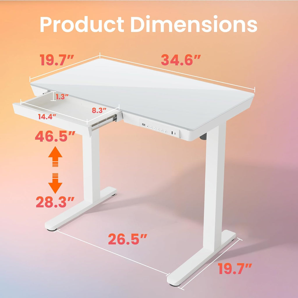 Glass Standing Desk with Drawers, 35 X 20 Inch Electric Adjustable Height Desk, Quick Install One-Piece Tabletop with