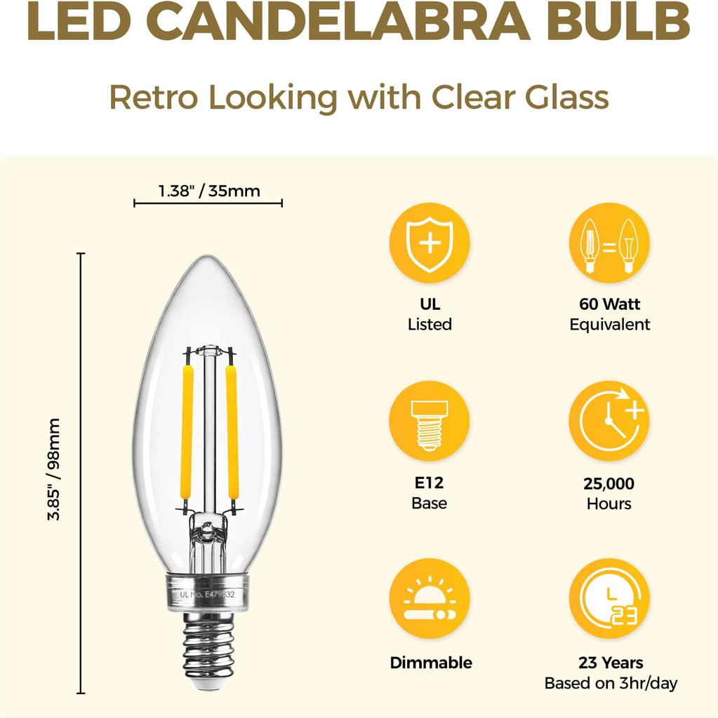 E12 LED Bulb Dimmable, 3000K 60W Eq Candelabra Light Bulbs, 6Pack