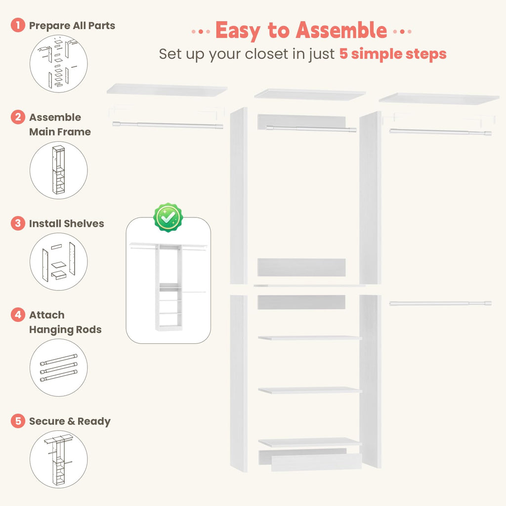 48" Small Closet System, Space-Saving Wall-Mounted Wardrobe Organizer, Mini Garment Rack for Narrow Spaces, Morning