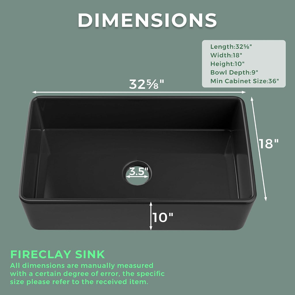 Matte Black Farmhouse Sink 33 Inch Fireclay Apron Front Kitchen Sink | 33"Wx18"Dx10"H Farm Sink Heavy Duty Fireclay
