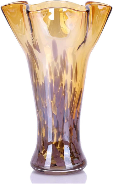 9.1H Murano Hand Blown Glass Vase, Ruffled Scalloped Rim Trumpet Shape, Wide Mouth Colorful Decorative Glass Vase