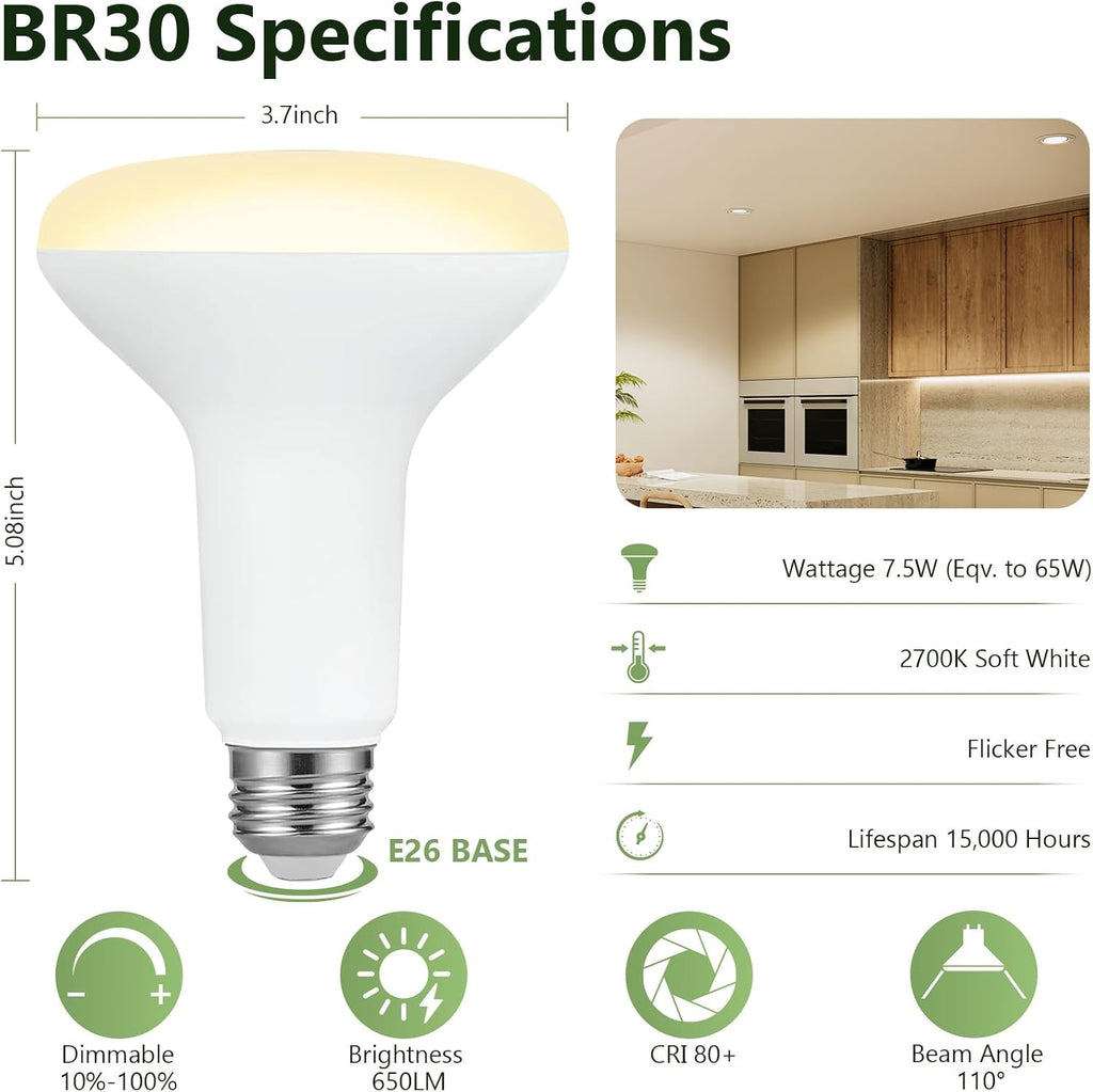 12 Pack BR30 LED Bulbs, 7.5W (65W Equivalent), 650 Lumens, 2700K Soft White, Dimmable, 110° Beam Angle, CRI 80, E26