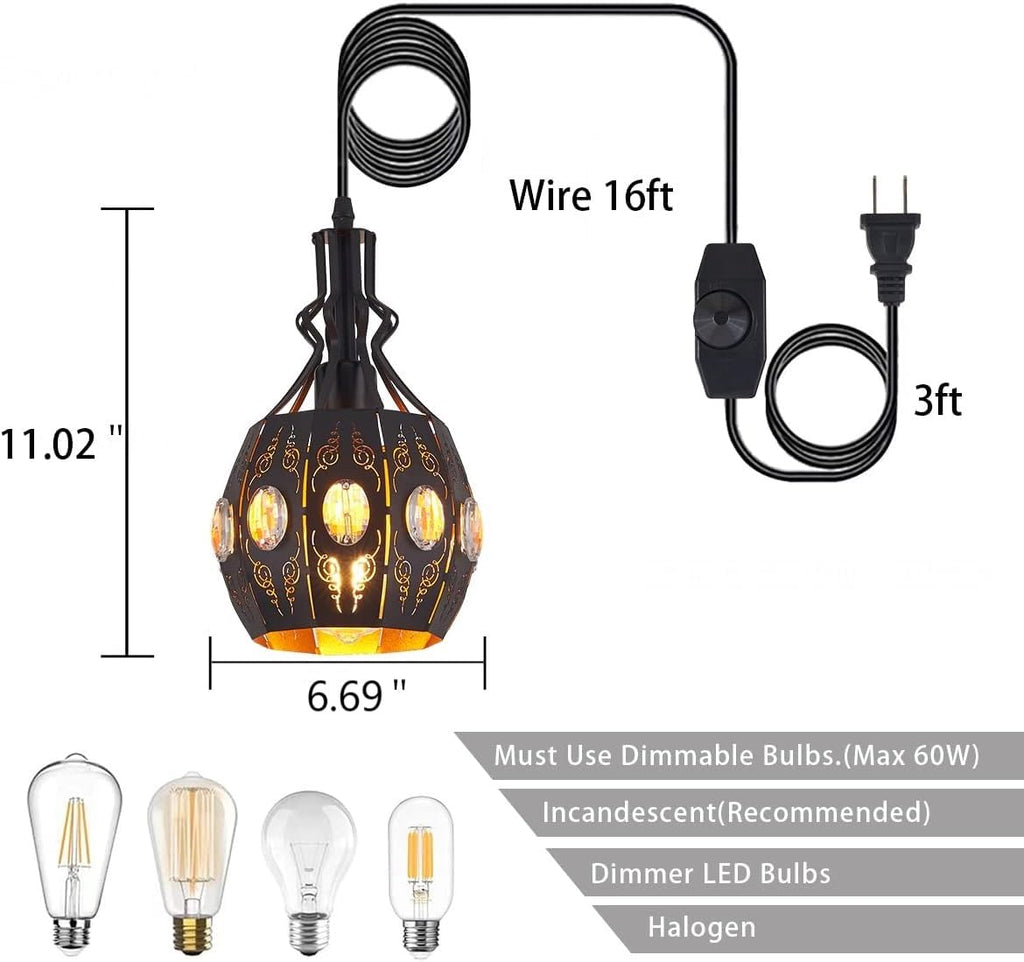Hanging Lamp Swag Lights Plug in Pendant Light, Hanging Lights with Plug in Cord Small Black Vintage Rustic Dimmable