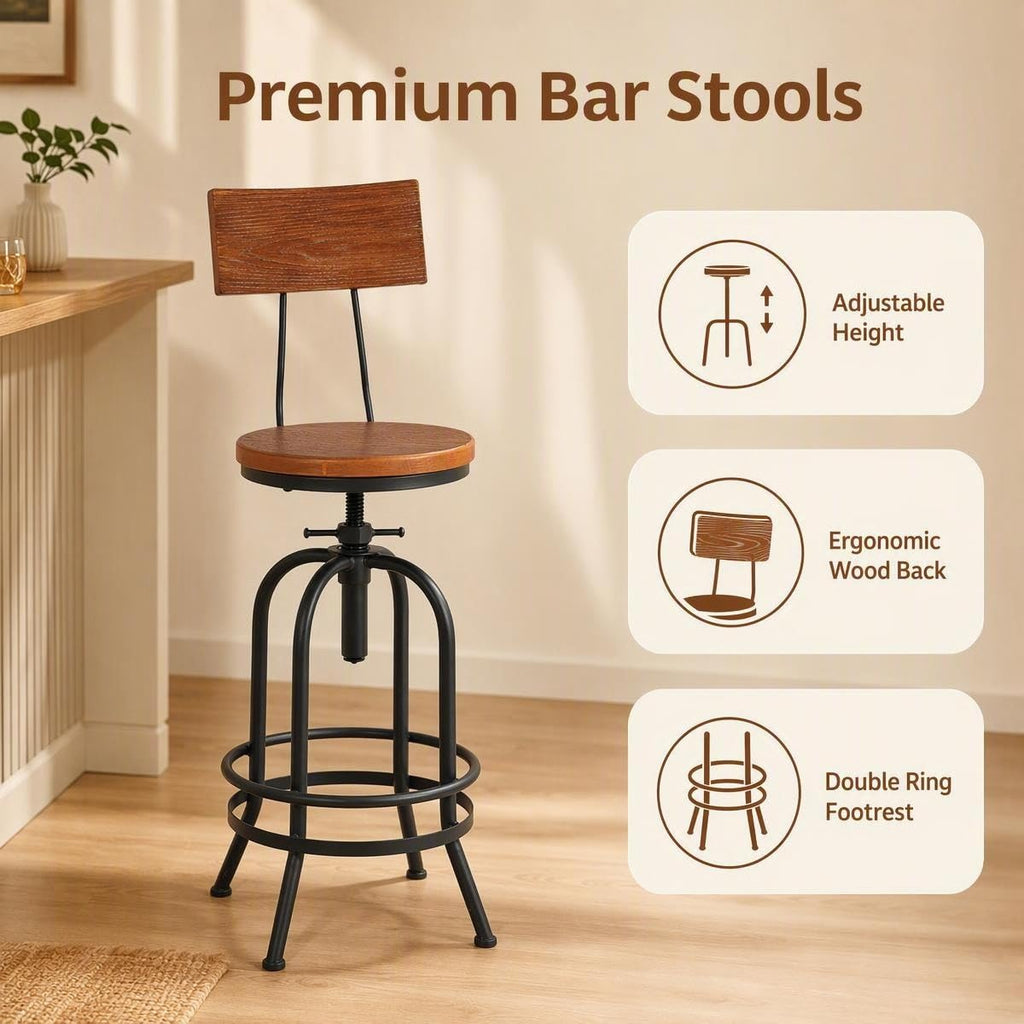 Set of 2-Industrial Bar Stools with Backrest-Swivel Wood Seat-Bar Counter Height Adjustable 26-32.2inch-Kitchen