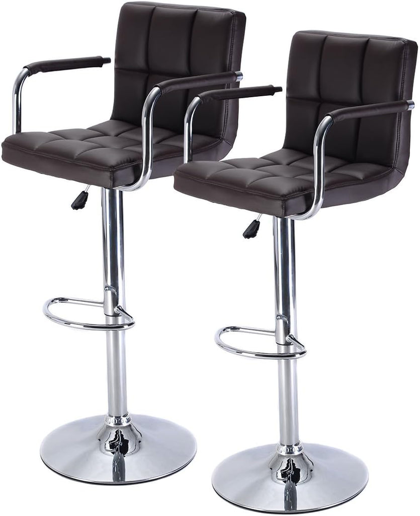 Set of 2 Bar Stool PU Leather Barstools Chair Adjustable Counter Swivel w/ Arm (Brown)