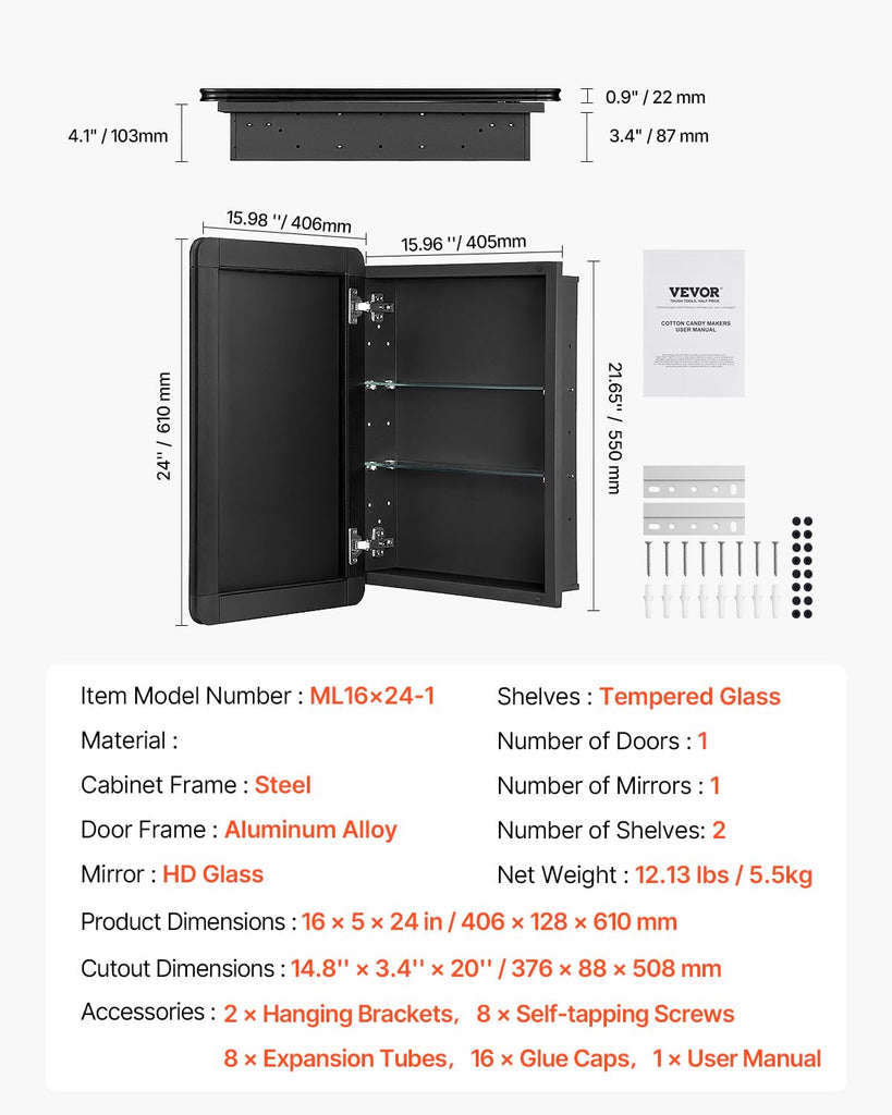 Medicine Cabinet, 16 x 24 inch, Medicine Cabinet with Mirror, Aluminum Frame Bathroom Wall Cabinet, 2-Layer
