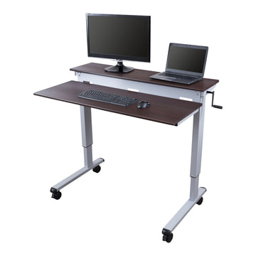 Crank Adjustable Tier Standing Desk with Heavy Duty Steel Frame (Silver Frame/Dark Walnut Top, 48in Wide)