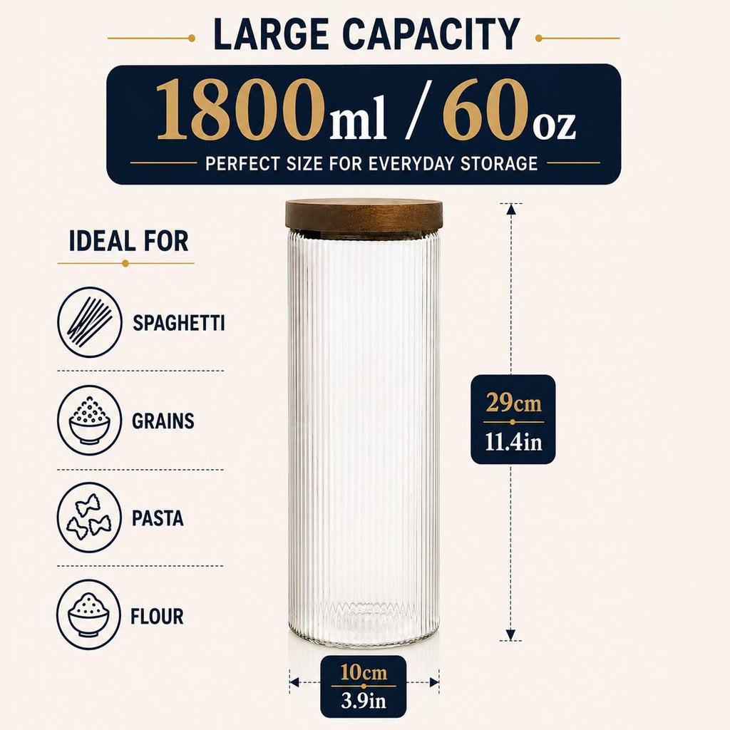Ribbed Glass Canisters or Spaghetti Jars with Airtight Wood Lid- Tall Storage Containers for Pasta, Cereal or Flour