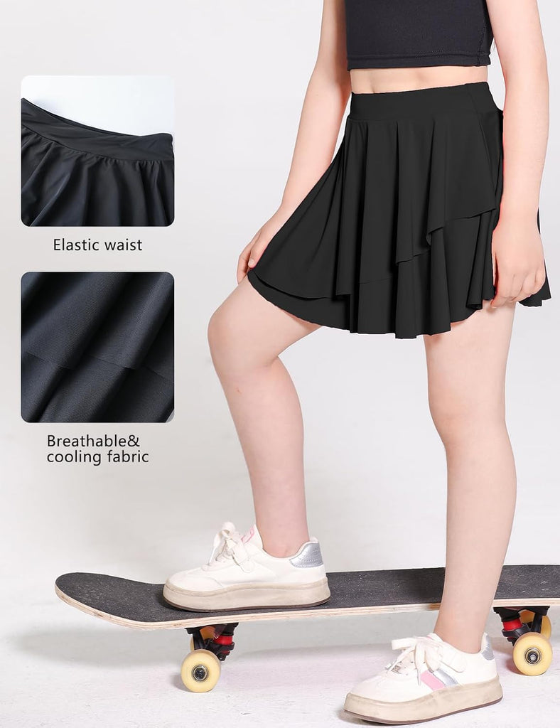 Girls Tennis Skirts Layered Ruffle Athletic Flowy Skirts with Pocket Skorts for Girls