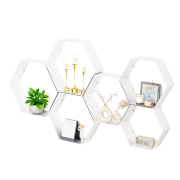 Hexagon Floating Shelves Set of 6, White Metal Wall Mounted Shelves