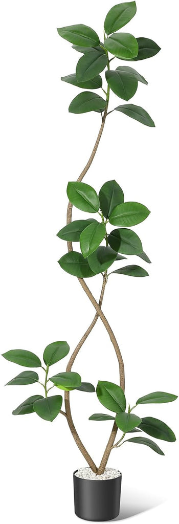 7FT Artificial Plants Rubber Tree with Black Resin Pot& White Stone Faux Fiddle Leaf Fig Tree Indoor Artificial Trees