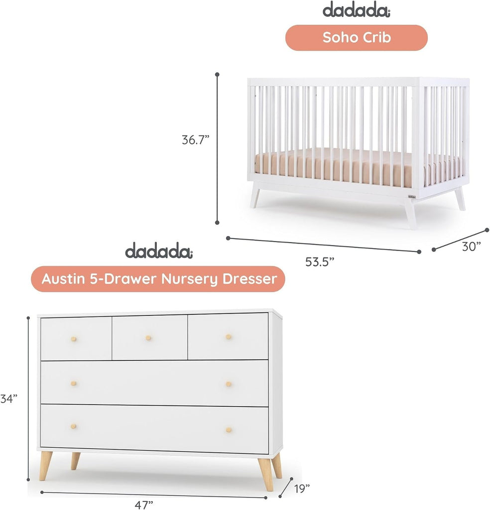 Harmony Wood Baby Crib & Dresser Set, Nursery Furniture Combo, White | Soho 3-in-1 Convertible, Beechwood, Made in