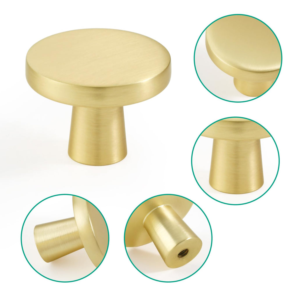 6 Pack Brushed Brass Round Cabinet Knobs 1-1/4 Inch Zinc Alloy