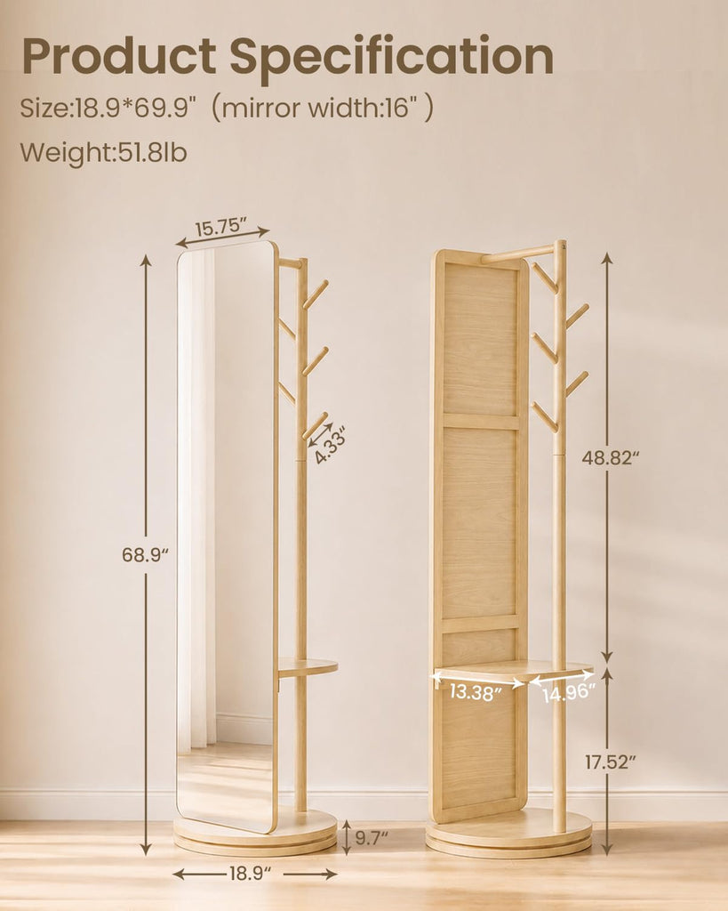69" x 19" Rotating Full Length Mirror with Coat Rack Storage