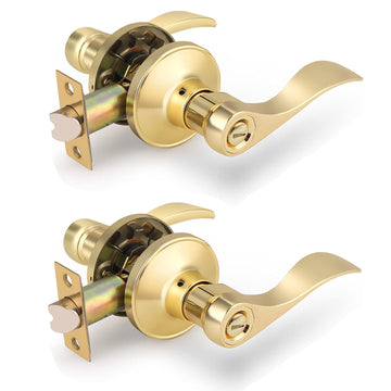 Drop Lever Bedroom Bathroom Door Locksets Privacy Locks in Polished Brass,Detachable Latch Plate,Reversible Levers
