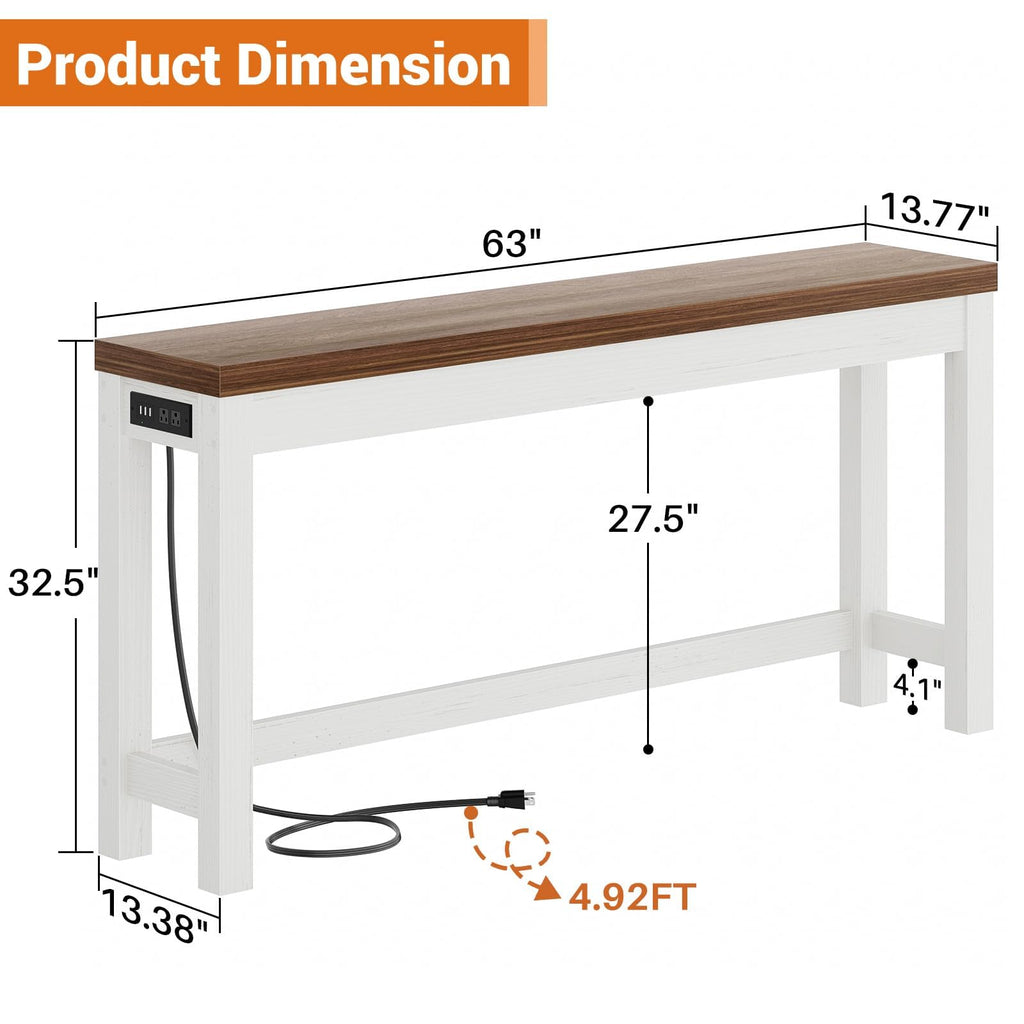 63" Console Table with 2 AC Outlets & 3 USB Ports, Rustic Oak