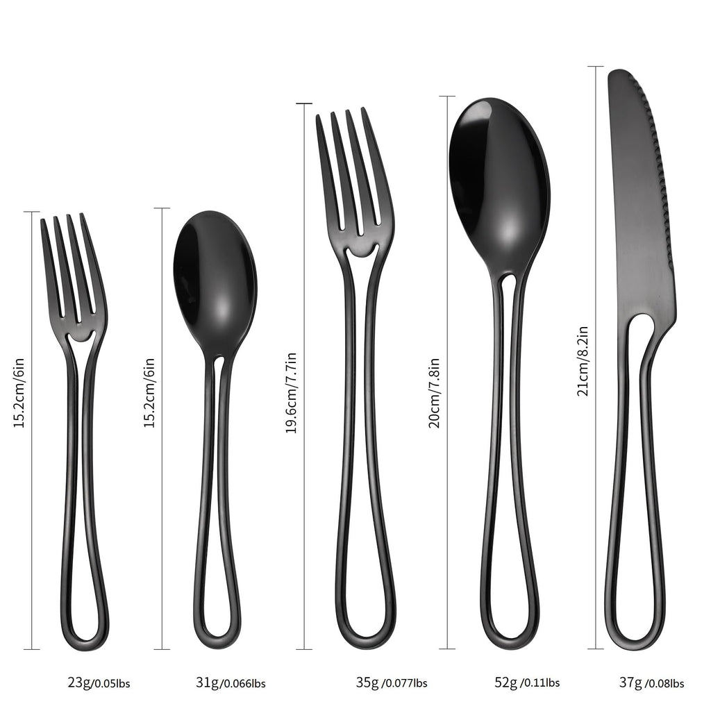 Black Silverware Hollow Flatware Set for 4 Stainless Steel Cutlery 20 Piece Hanging Forks Spoons and Knives Unique