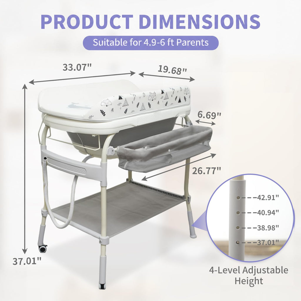 2 in 1 Baby Bathtub with Changing Table, Waterproof Diaper Changing Station Portable Changing Table Adjustable Height