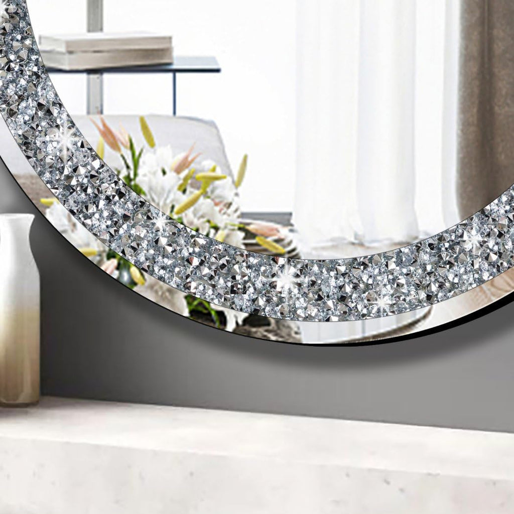 Round Wall Mirror 28x28 inch Crystal Crush Diamond Decor Decoration Silver Mirror.