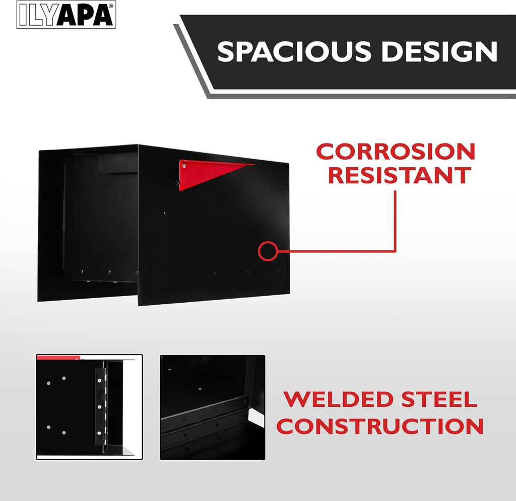 Modern Mailbox Design, Black Powder Coated, Tab Pull Handle, Steel Heavy Duty Curbside Welded Mail Box
