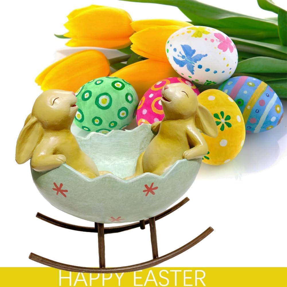 Laughing Bunny Rabbits Rocking in an Easter Egg Cradle Spring Easter Decoration Vintage Rustic Country Bunnies Rabbit - Set of 2