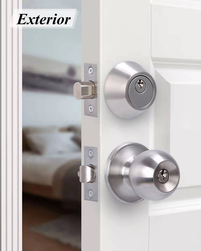 4 Sets) All Keyed Same Entry Door Knob and Single Cylinder Deadbolt Combo Set, Satin Nickel Exterior Door Knobs with