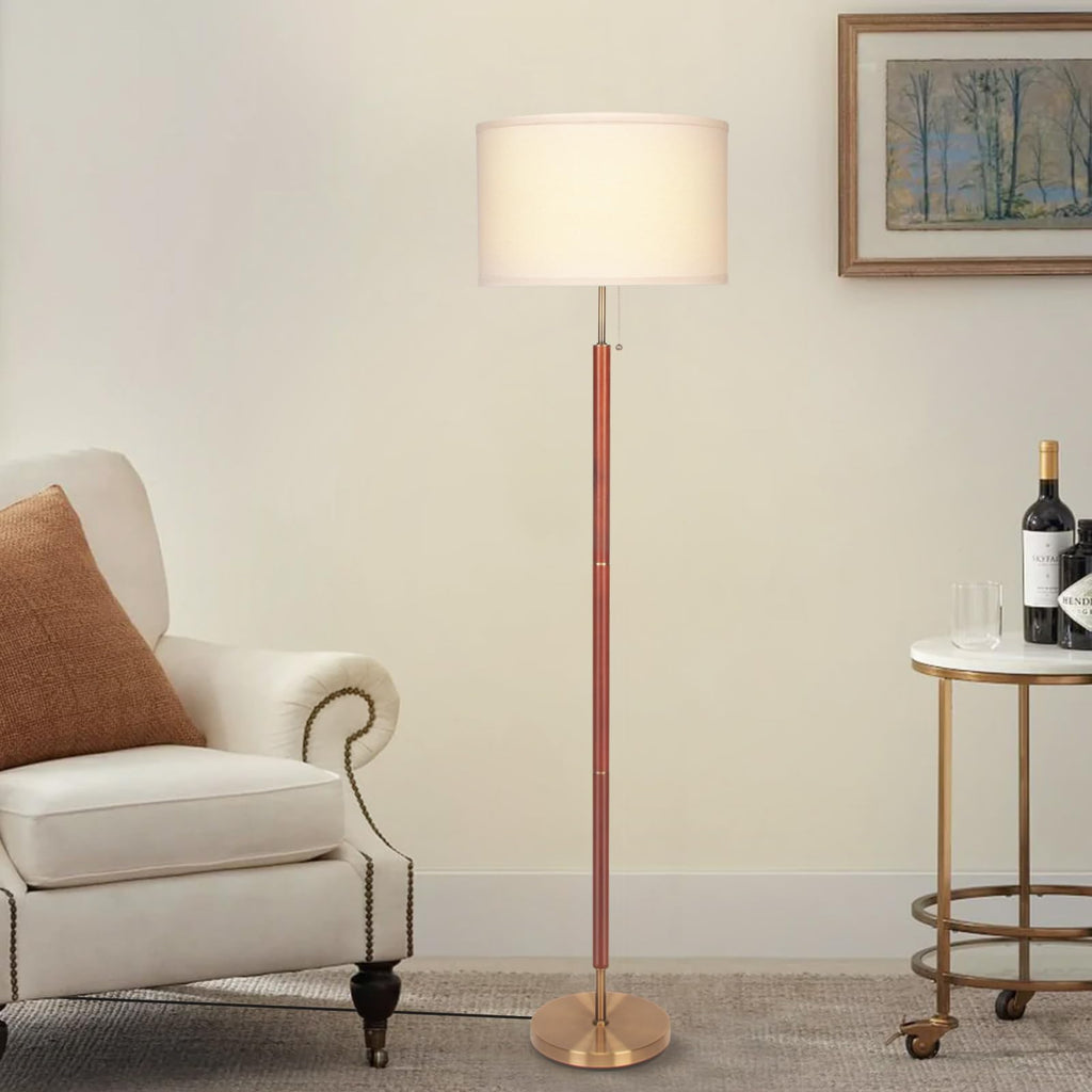 Mid-Century Modern Floor Lamp, Walnut Wood Finish, Drum Shade, Living Room Décor (64in, E26 LED)