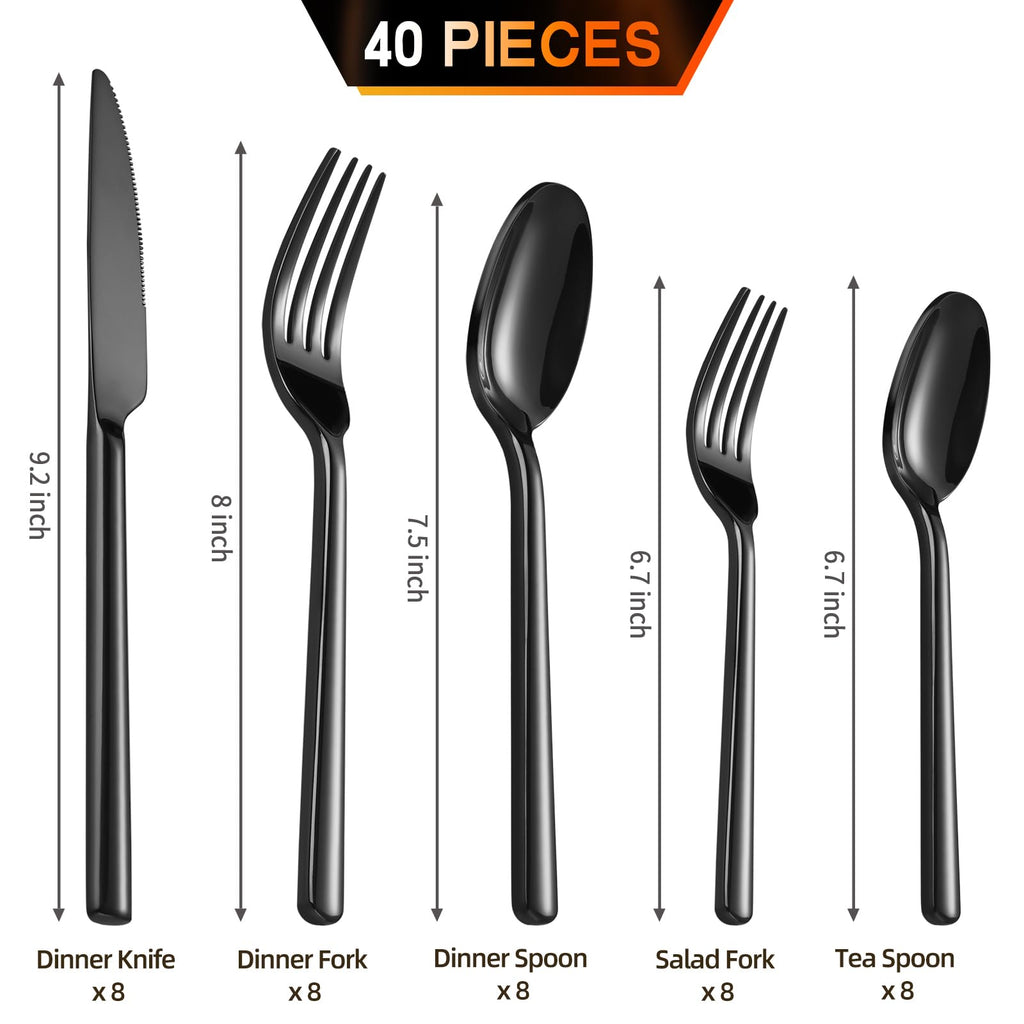 40-Piece Black Silverware Set, Heavy-Duty Stainless Steel Black Flatware Set for 8, Cutlery Set with Modern Round