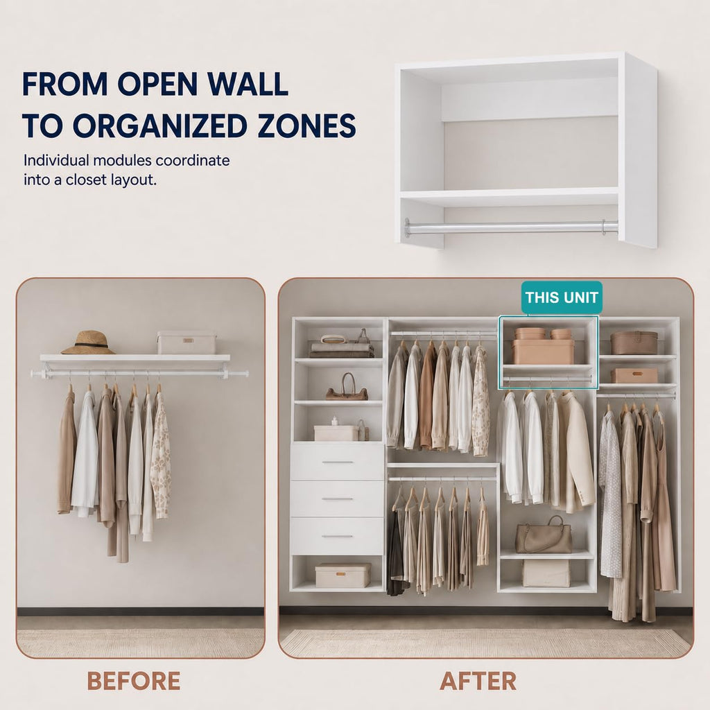 Wall-Mounted Wood Closet Organizer with Hanging Rod, 22.5", White