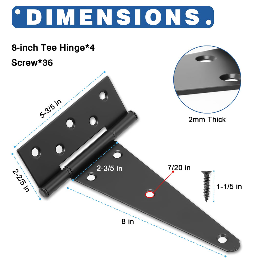 8 Inch T-Strap Gate Hinges, Heavy Duty Black Barn Door Hinges, 4 Pack