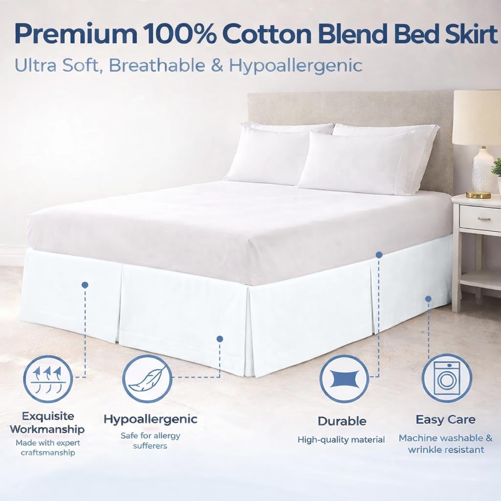 Premium King Size Bed Skirt by - 100% Cotton Blend, 14" Drop Length, Split Corner, Tailored Fit, Elegant Pleated