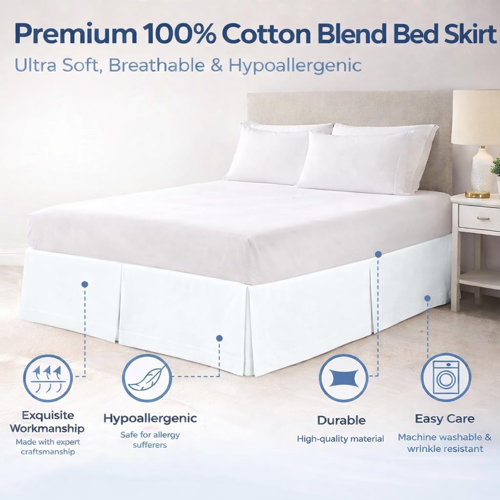 Premium Bed Skirt by - 100% Cotton Blend, 14" Drop Length, Split Corner, Tailored Fit, Elegant Pleated