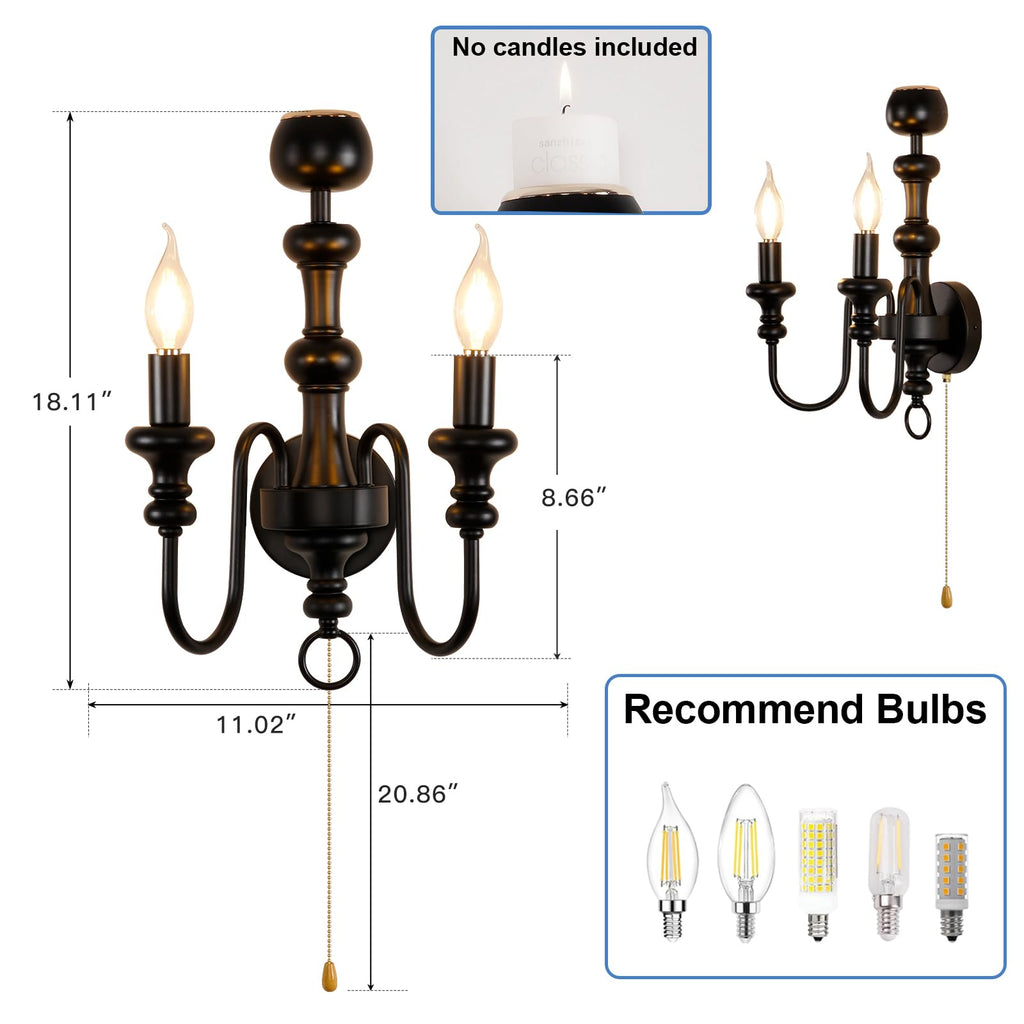 Matte Black Iron Double-Arm Wall Sconce, Retro Farmhouse Hardwired Lamp with Scented Candle Tray & Pull Switch Decor