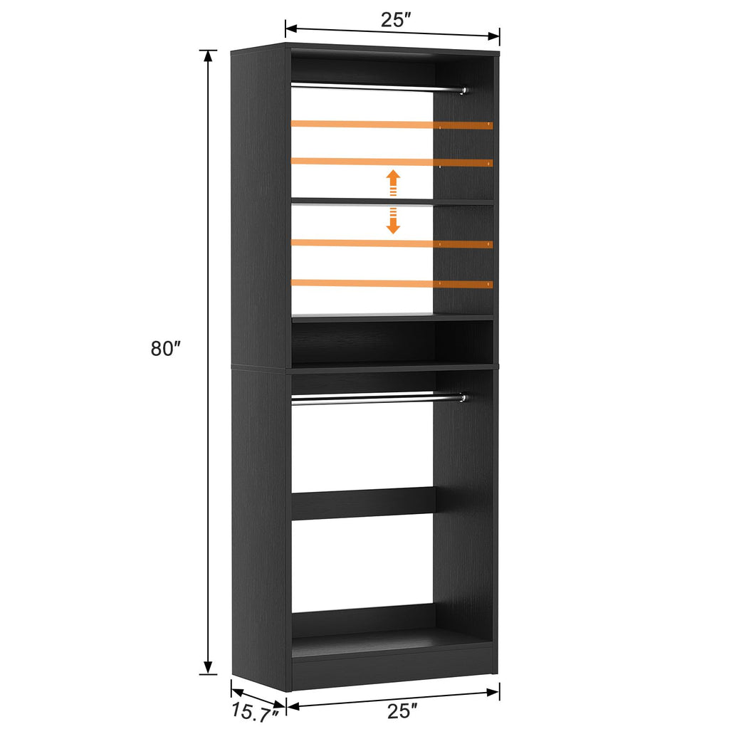 25" Closet Organizer System with Hanging Rods and Shelves, Black