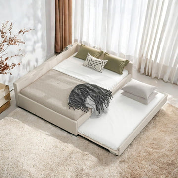 Queen Daybed with Pull Out Trundle, Linen Upholstered Bed with Built-in USB Ports, Solid Wood Day Bed Frame with Twin