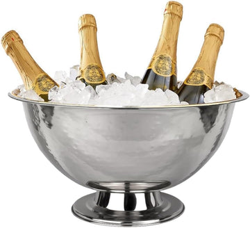 16" Footed Champagne Bucket, Beverage Tub, Wine and Champagne Server, Stainless Steel with Hammered Silver Finish