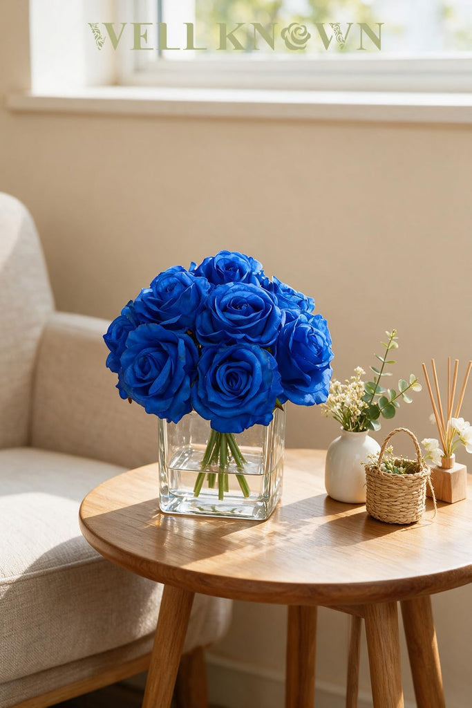Artificial Royal Blue Rose Flowers in Cube Vase with Faux Water